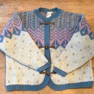 Vintage Irish Knit Icelandic  wool Cardigan white pink blue with leather detail